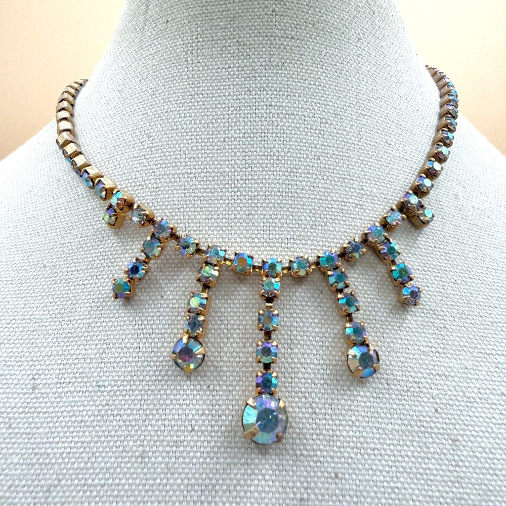 Aurora Borealis Rhinestone Fringe Necklace Gold Tone Vintage Statement Glam